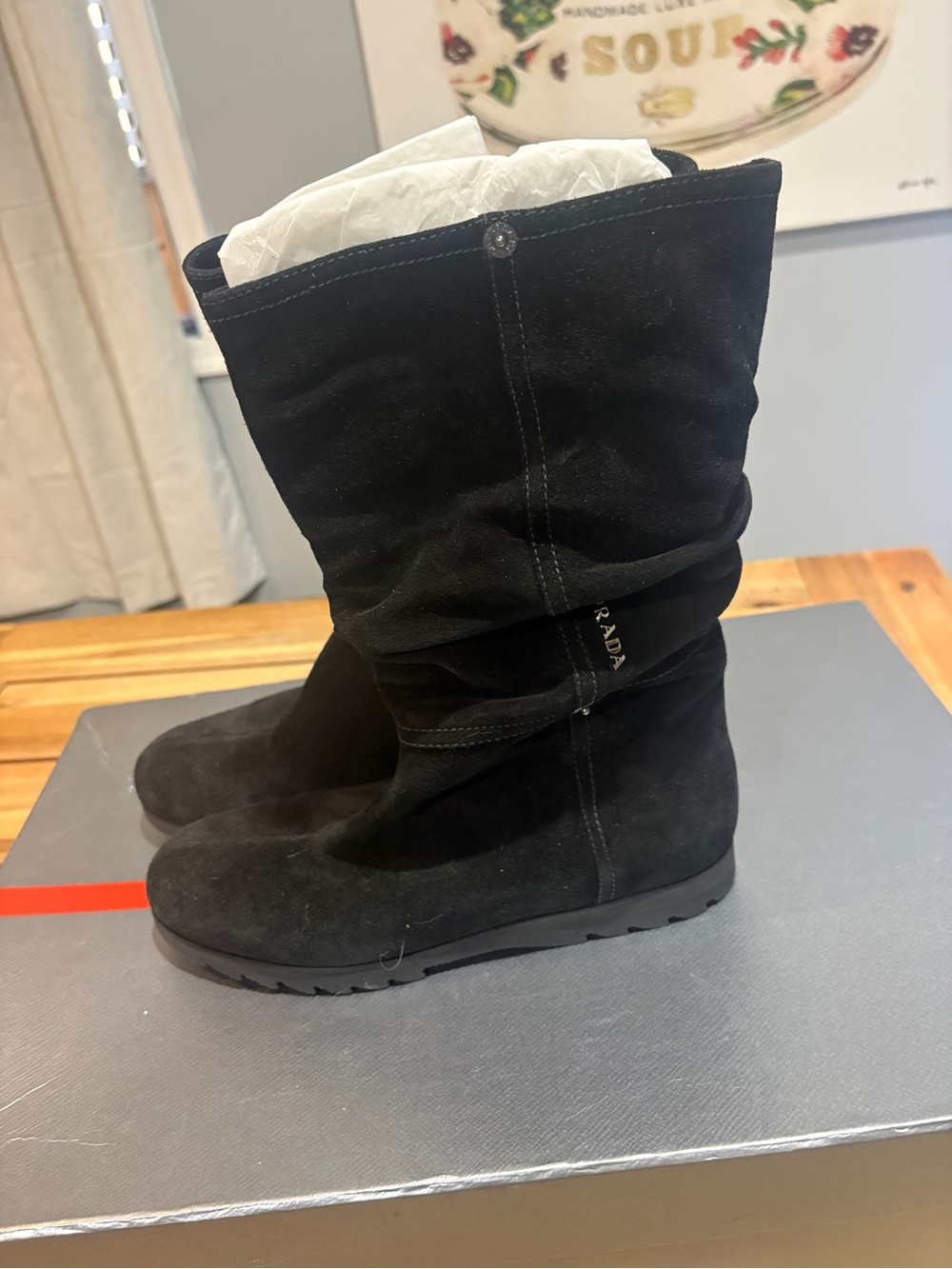 Prada Black Suede Slouch Mid-Calf Boots 7.5